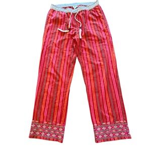 Sundance Striped Boho Pants Red Pink Orange Cotton Embroidered Hem Sz S Flowy
